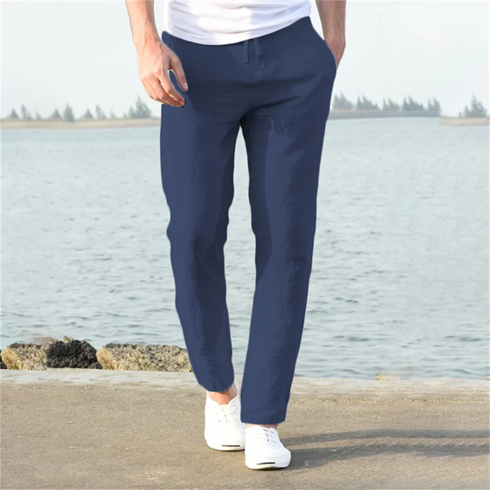 2025 Men Cotton Linen Casual Pants Baggy Streetwear Men Joggers Sports Trousers Solid Color Long Straight Trendy Pants for Men thumbnail 4