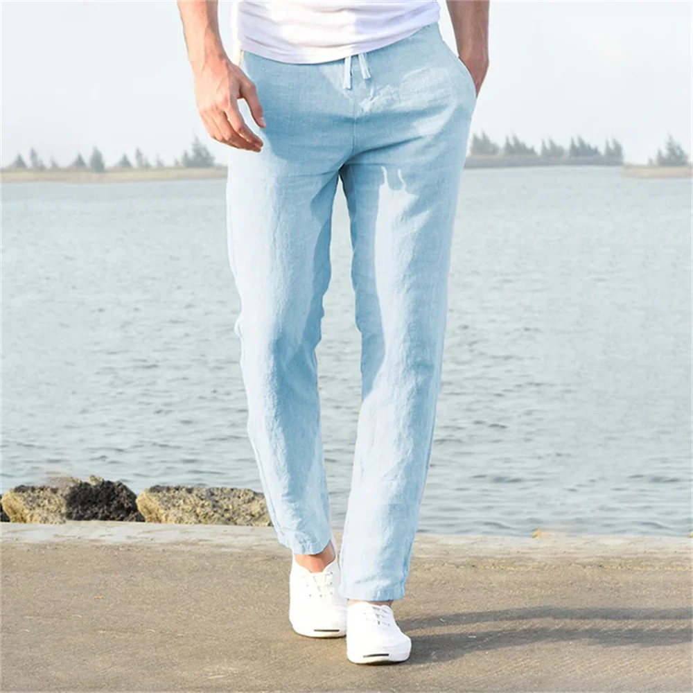 2025 Men Cotton Linen Casual Pants Baggy Streetwear Men Joggers Sports Trousers Solid Color Long Straight Trendy Pants for Men thumbnail 5
