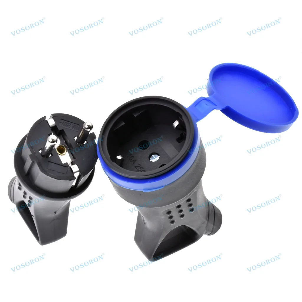 EU Rubber Waterproof Socket Plug Electrical Grounded European Connector With Cover IP44 For DIY Power Cable Cord 16A 250V ﻿﻿