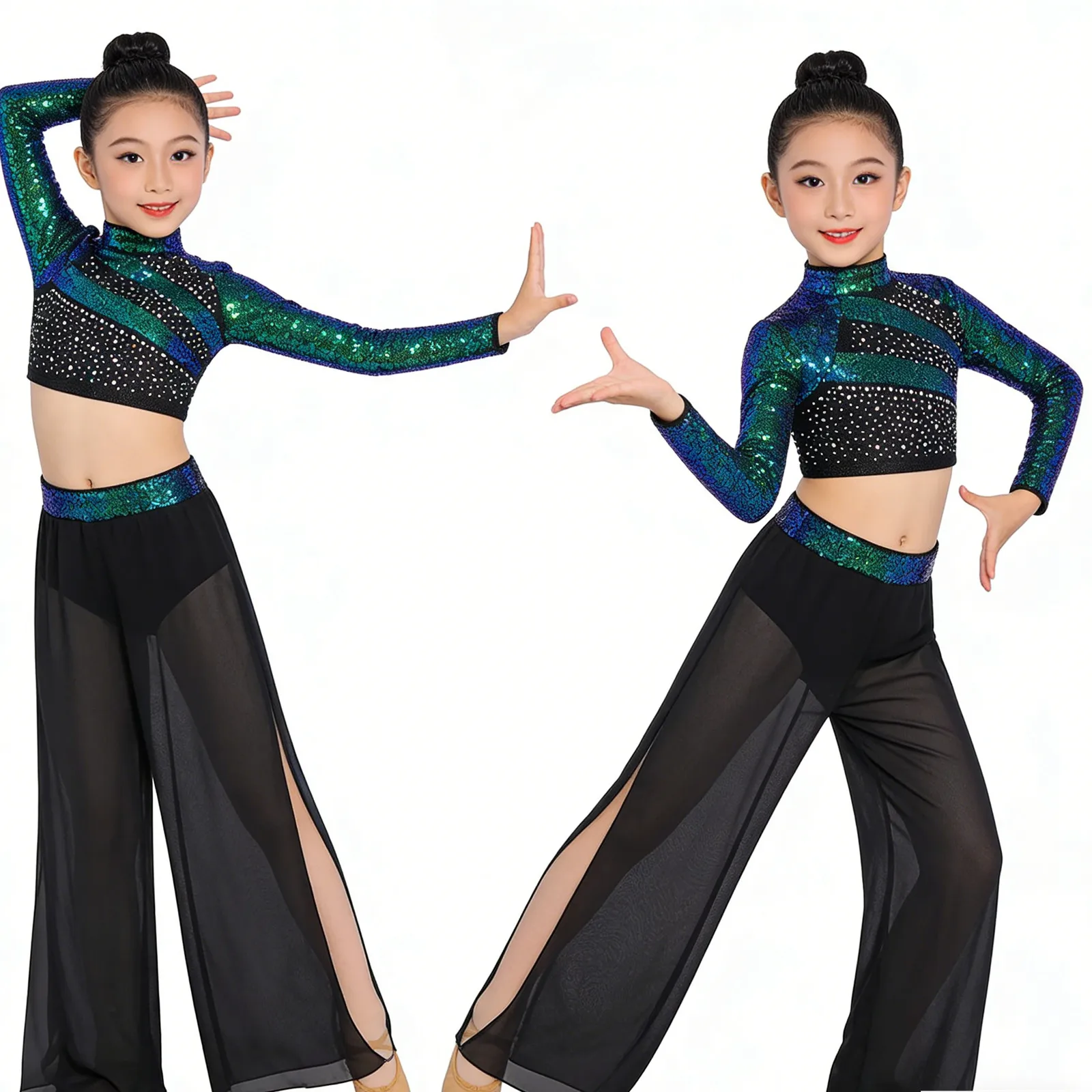 Kids Girls Ballet Lyrical Jazz Hip Hop Dance Performance Costume Sequins Crop Top with Overlay Wide-Leg Side Slit Dance Pants thumbnail 3