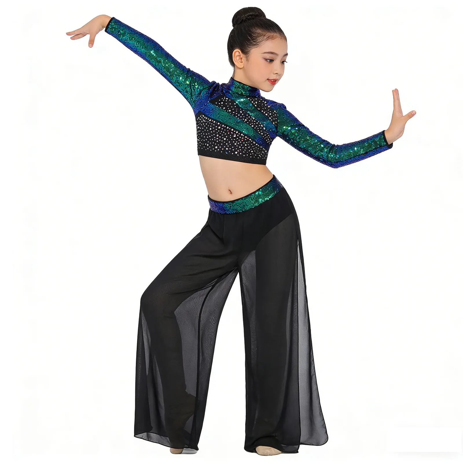 Kids Girls Ballet Lyrical Jazz Hip Hop Dance Performance Costume Sequins Crop Top with Overlay Wide-Leg Side Slit Dance Pants thumbnail 4