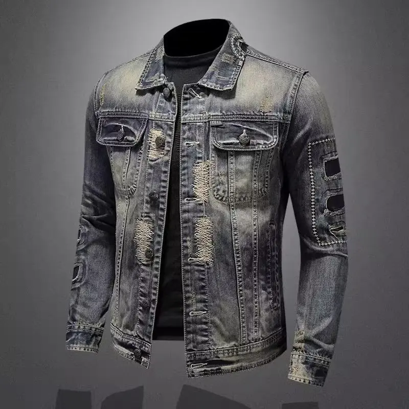 Men's Denim Jacket Vintage Distressed American Style Slim Fit Motorcycle Jacket Workwear Casual Coat Spring Autumn thumbnail 4