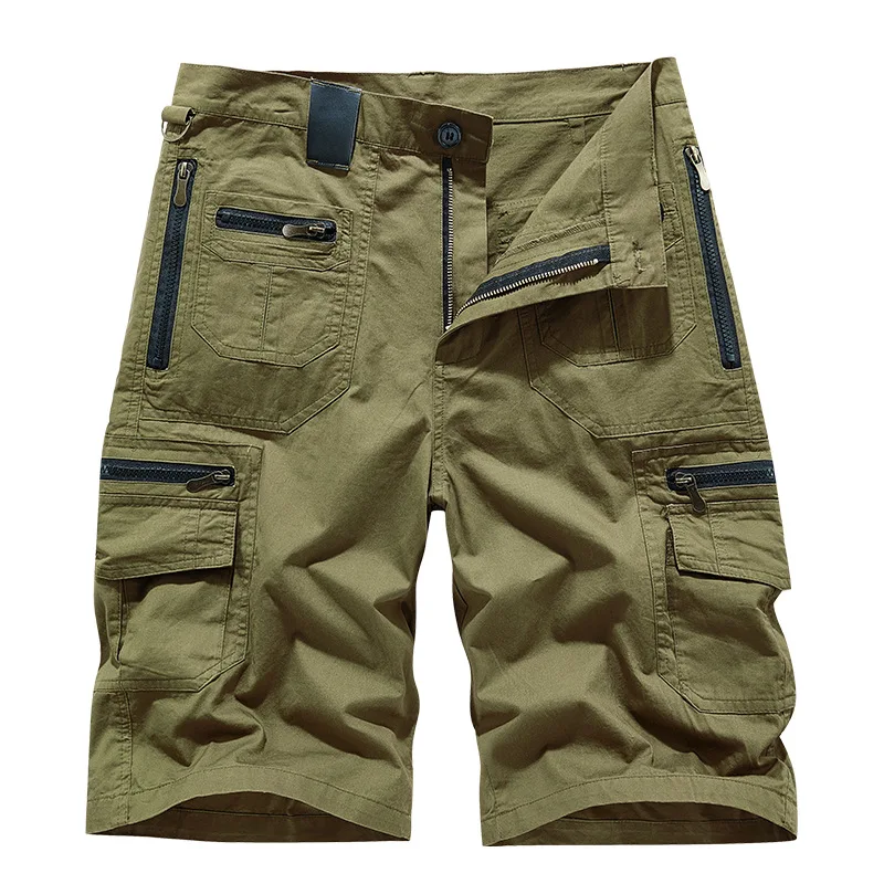 Men's Casual Shorts Summer Multi Pocket Workwear Shorts Male 100% Cotton Solid Breathable Fishing Cargo Knee Length Trousers thumbnail 4