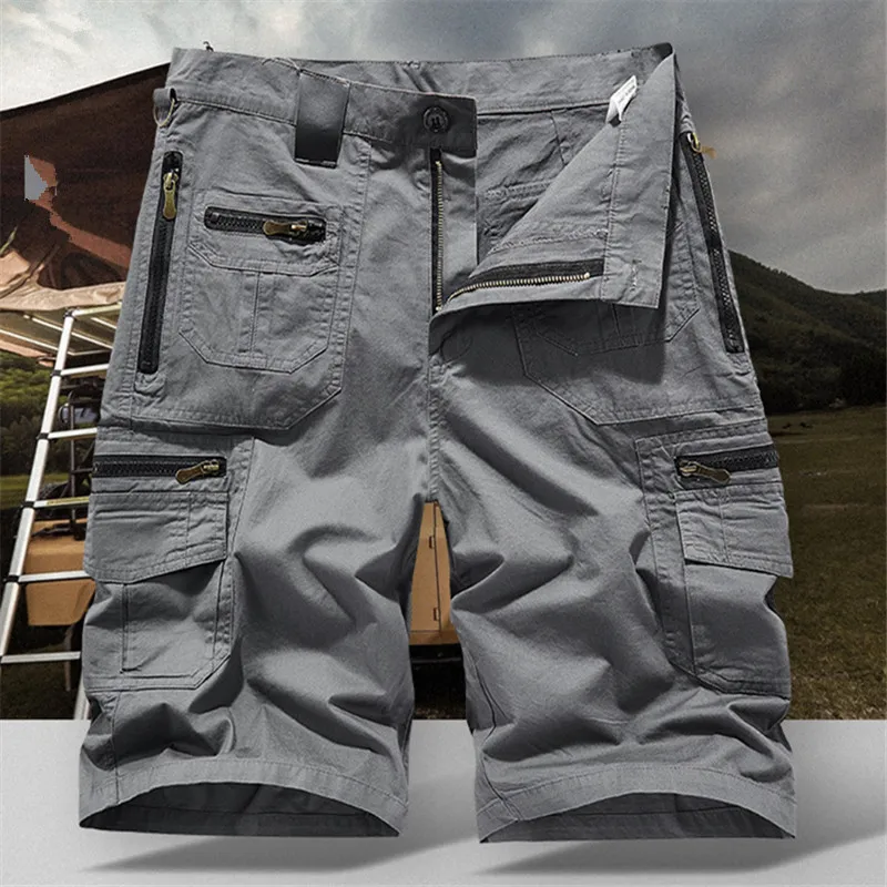 Men's Casual Shorts Summer Multi Pocket Workwear Shorts Male 100% Cotton Solid Breathable Fishing Cargo Knee Length Trousers thumbnail 6