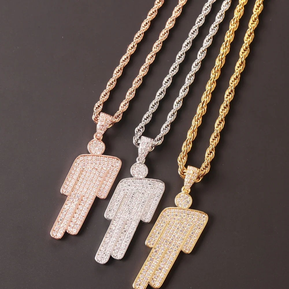 Hip Hop Necklace,Stainless Steel Round Head Zircon Couple Pendant Necklace,Skew Head Pendant Full of Zircon Chaoren Necklace thumbnail 3