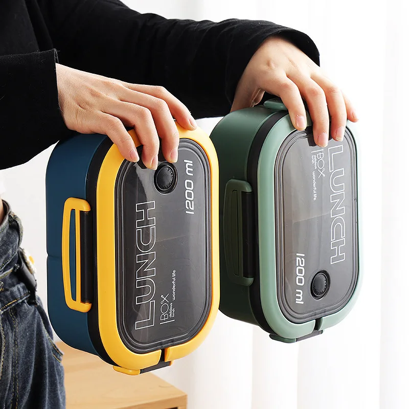 1200ML Double-layer Lunch Box Portable Compartment Food Box Microwave Lunch Box with Spoon Fork Leakproof Camping Food Container