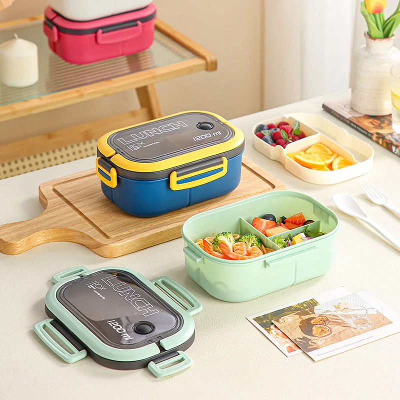 1200ML Double-layer Lunch Box Portable Compartment Food Box Microwave Lunch Box with Spoon Fork Leakproof Camping Food Container thumbnail 4
