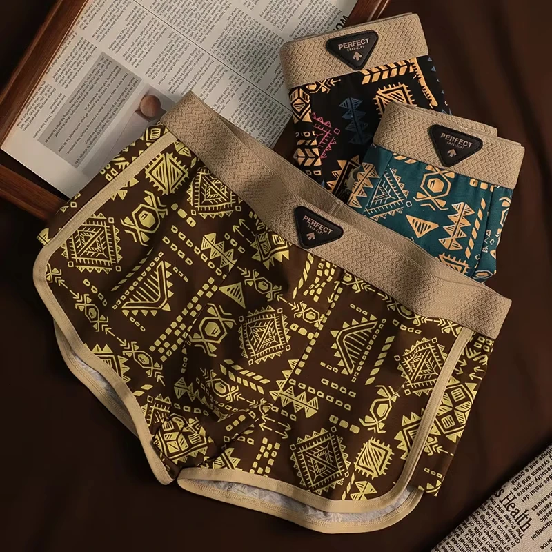 Retro Ethnic Style Men's Boxer Comfortable Briefs design Vintage Print Elastic Underwear for Man Lingerie Mid Waist Underpants thumbnail 2