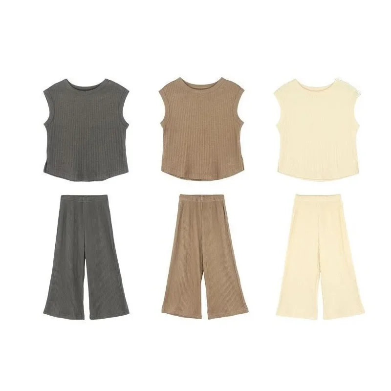 1pcs Summer Children's Clothing Sets Girls Kids Toddler Clothes Solid Color T-shirt Tank Top +Length Pants  Baby Girl Clothes thumbnail 4
