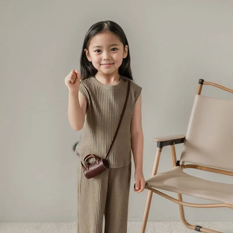 1pcs Summer Children's Clothing Sets Girls Kids Toddler Clothes Solid Color T-shirt Tank Top +Length Pants  Baby Girl Clothes thumbnail 6