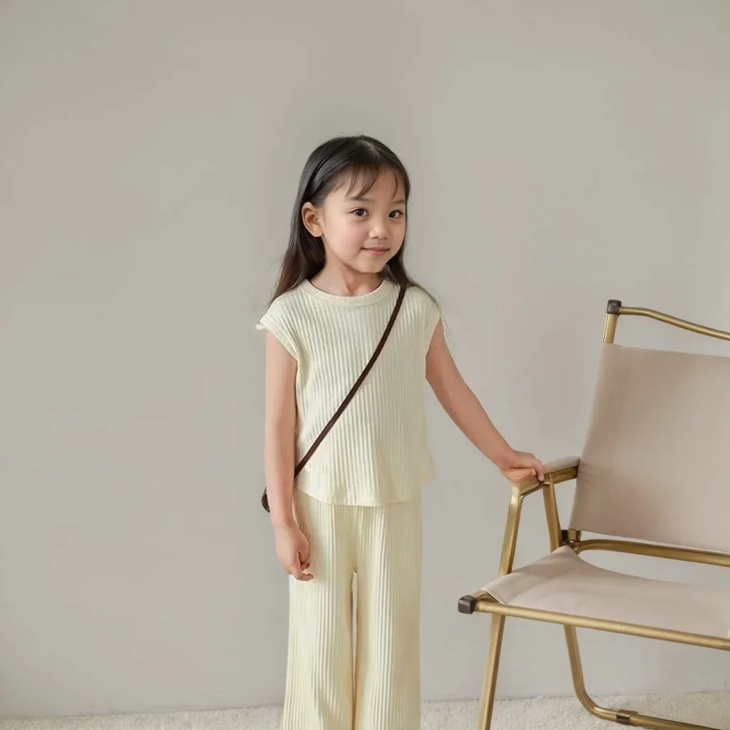 1pcs Summer Children's Clothing Sets Girls Kids Toddler Clothes Solid Color T-shirt Tank Top +Length Pants  Baby Girl Clothes thumbnail 2