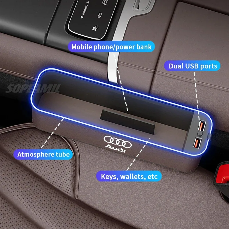 Audi A3 A4 A5 A6 A7 A8 RS3 RS4 RS5 RS6 S3 S4 S5 S6 Q3 Q5 Q7 Q8 Car Seat Gap Slot Crevice Storage Box With USB Charging Organizer thumbnail 6