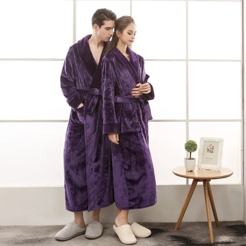 Thickened Extended Oversize Patchwork Flannel Couples Robe Winter Warm Sleepwear for Men And Women Loose Comfortable Home Clothe thumbnail 3