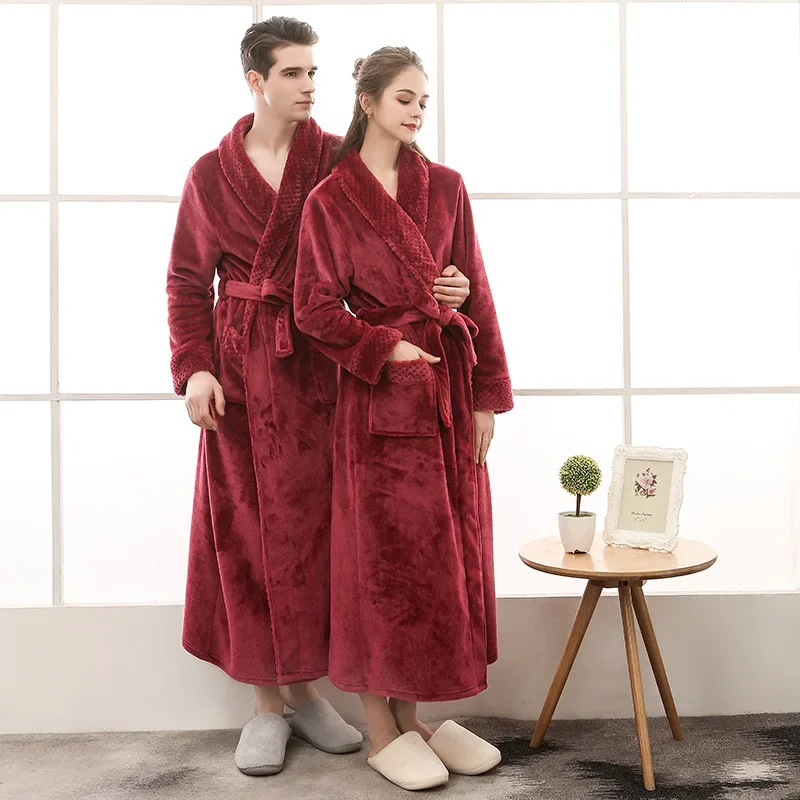 Thickened Extended Oversize Patchwork Flannel Couples Robe Winter Warm Sleepwear for Men And Women Loose Comfortable Home Clothe thumbnail 2