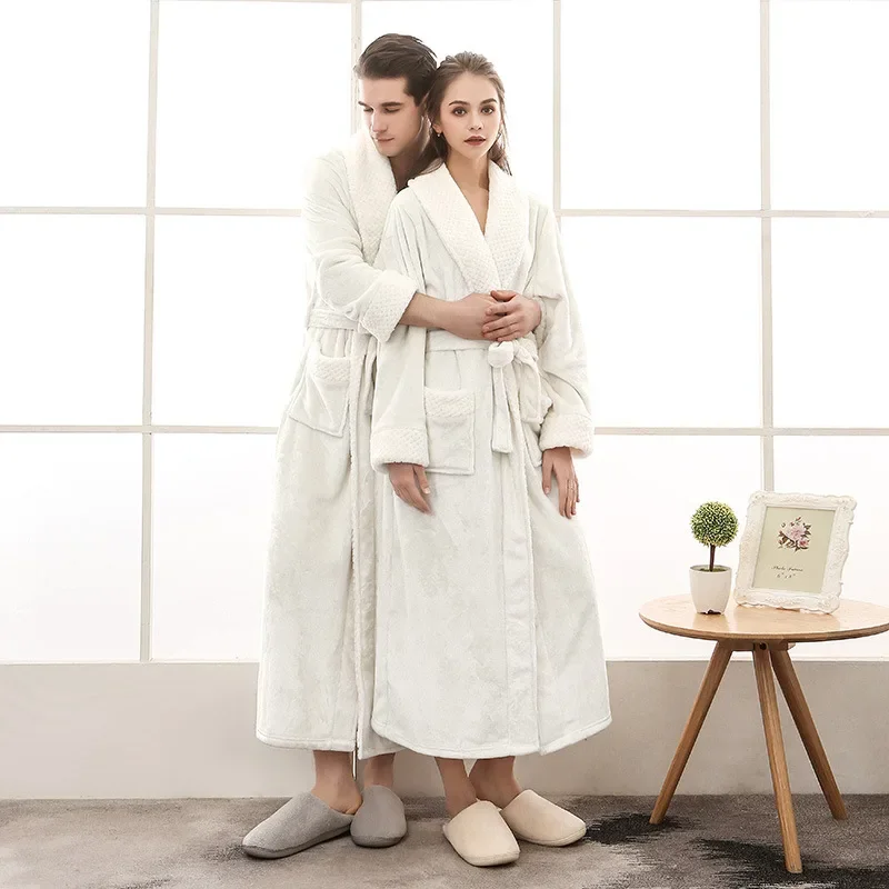 Thickened Extended Oversize Patchwork Flannel Couples Robe Winter Warm Sleepwear for Men And Women Loose Comfortable Home Clothe thumbnail 4