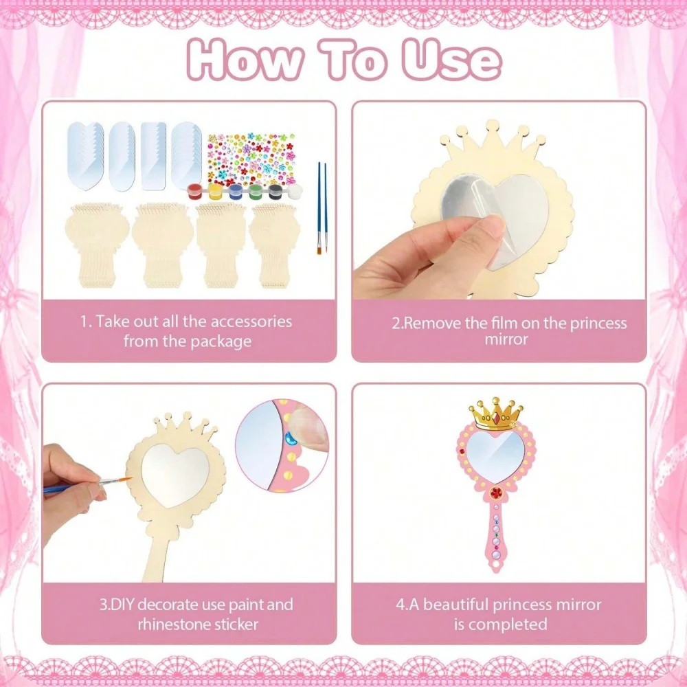 12pcs Wooden Mirror Craft Kids Decorate Mirrors Girls DIY Paint Wooden Hand Mirror for Mother's Day Art Activities Birthday Gift thumbnail 4