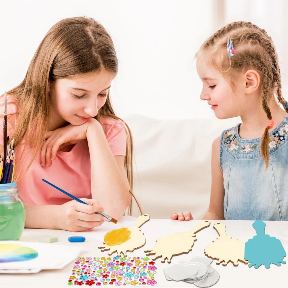 12pcs Wooden Mirror Craft Kids Decorate Mirrors Girls DIY Paint Wooden Hand Mirror for Mother's Day Art Activities Birthday Gift thumbnail 5