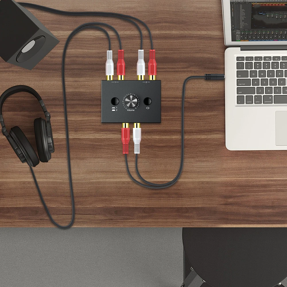 Bi-Directional Audio Switcher 2 X 1/1 X 2 RCA Stereo Audio Switcher Splitter With Mute Button L / R Stereo Audio Switch thumbnail 2