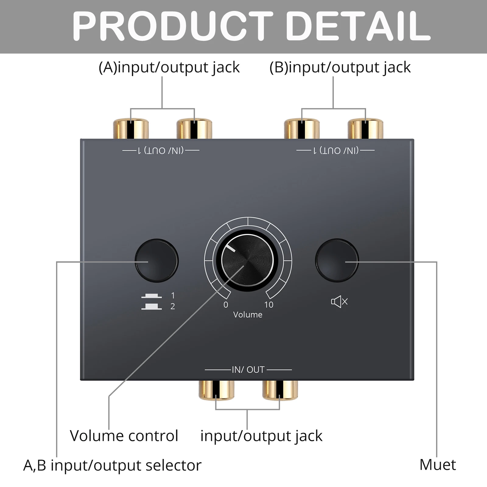 Bi-Directional Audio Switcher 2 X 1/1 X 2 RCA Stereo Audio Switcher Splitter With Mute Button L / R Stereo Audio Switch thumbnail 5