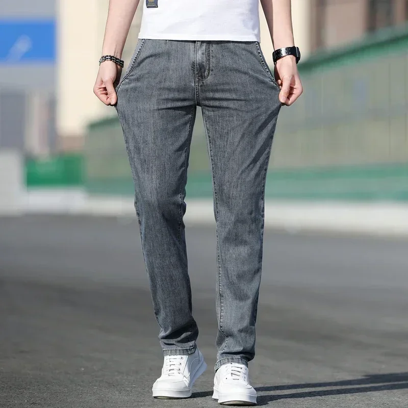 2025 Summer New Men's Loose Gray Jeans Fashion Casual Stretch Straight-leg Denim Pants Male Light Blue Men's Trousers thumbnail 2