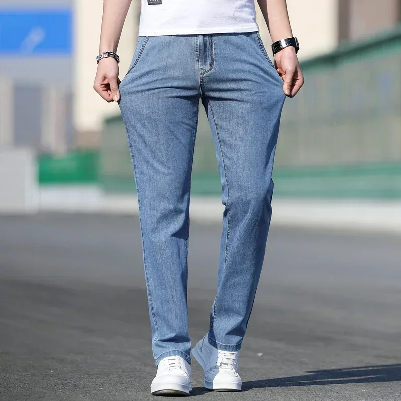 2025 Summer New Men's Loose Gray Jeans Fashion Casual Stretch Straight-leg Denim Pants Male Light Blue Men's Trousers thumbnail 4