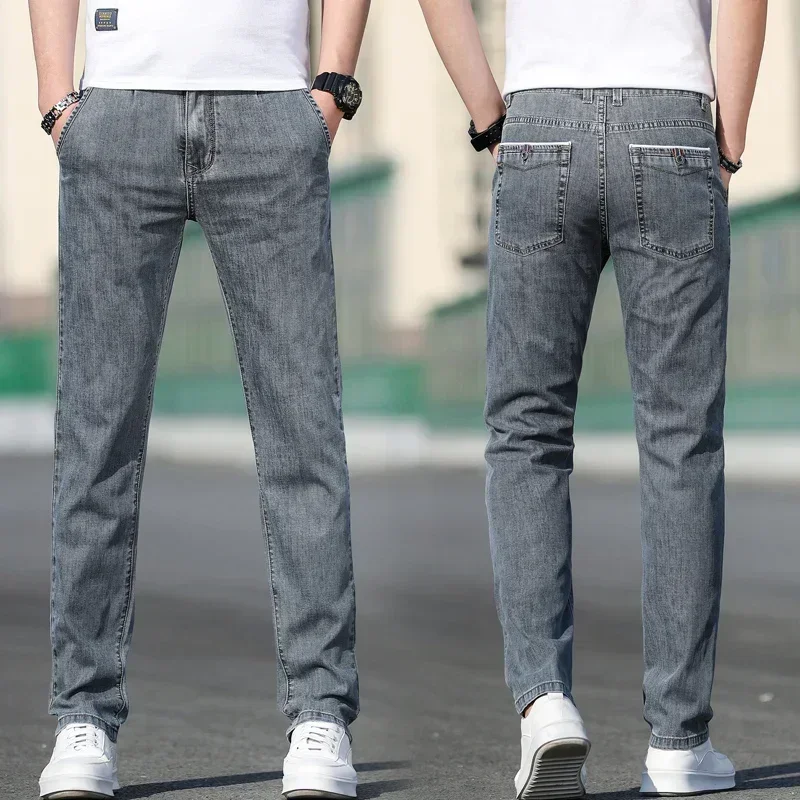 2025 Summer New Men's Loose Gray Jeans Fashion Casual Stretch Straight-leg Denim Pants Male Light Blue Men's Trousers thumbnail 3