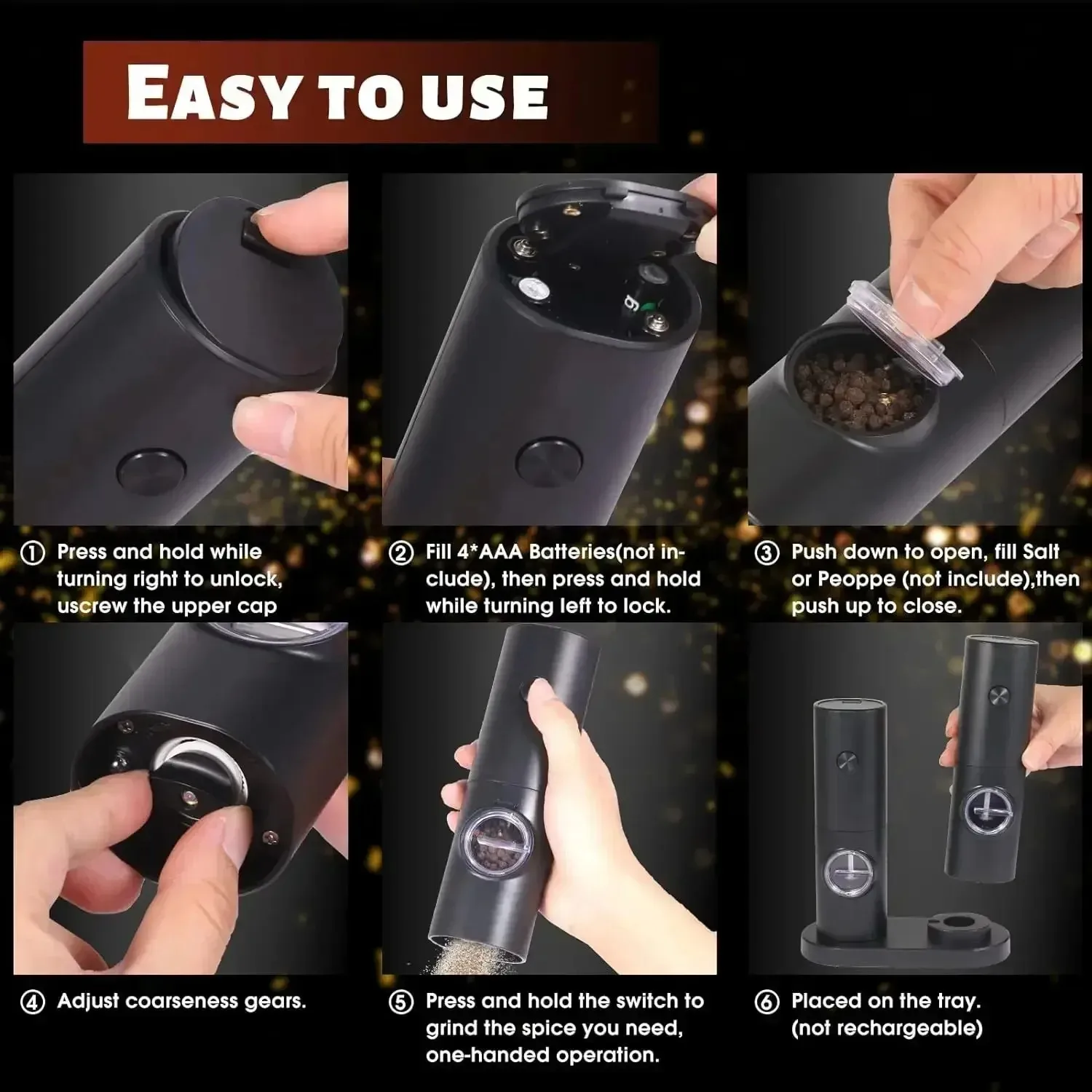 Electric Spices Grinder With Adjustable Coarseness Battery Powered Salt and Pepper Grinder Hand-held Automatic Mill Grinder thumbnail 6