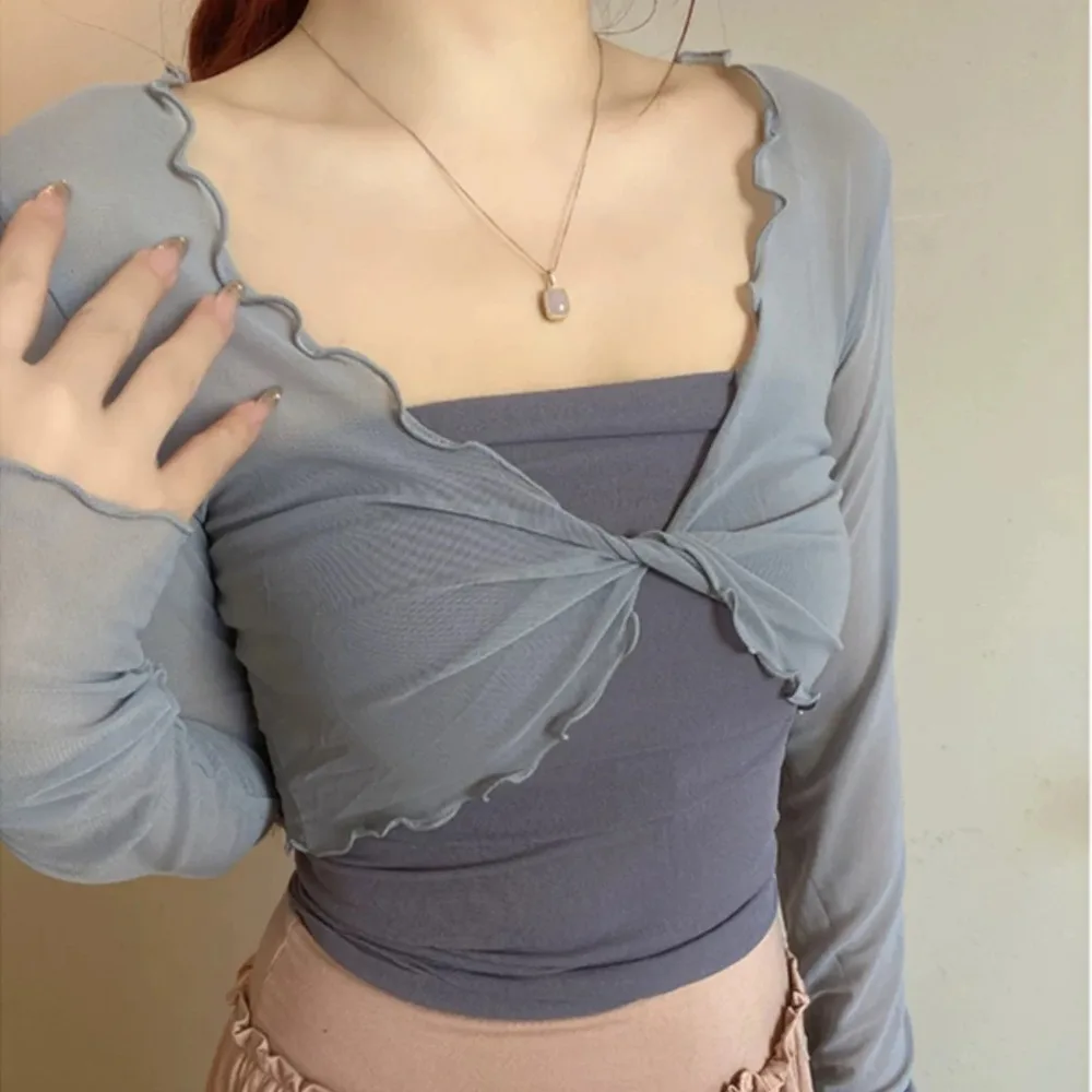 Women Dance Tops Semi See Through Mesh Tops Long Bell Sleeve Tie Hem Party Tops Hrugs For Women Bolero Shrug Tie Front Cardigan