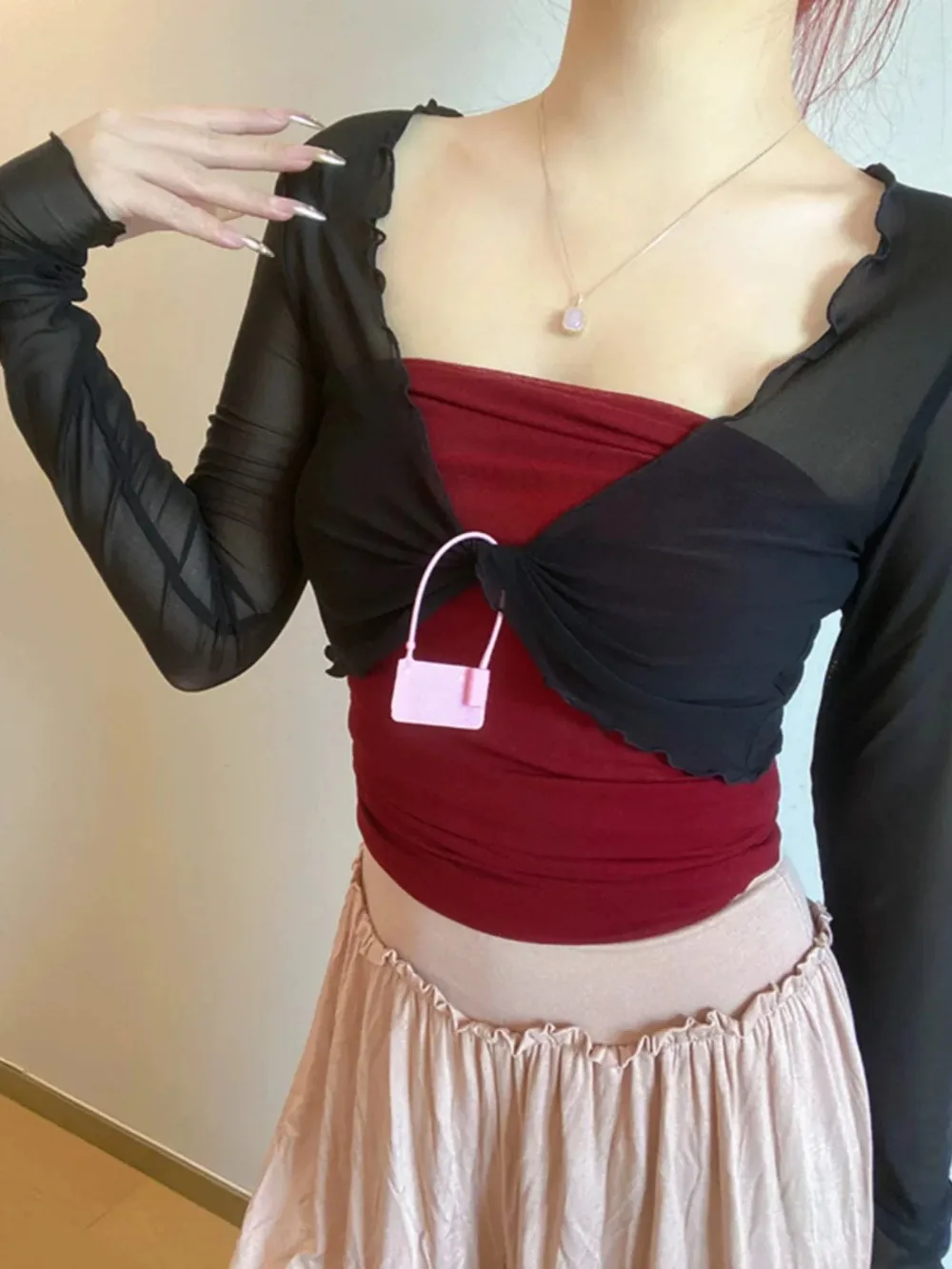 Women Dance Tops Semi See Through Mesh Tops Long Bell Sleeve Tie Hem Party Tops Hrugs For Women Bolero Shrug Tie Front Cardigan thumbnail 3