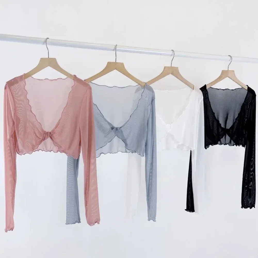 Women Dance Tops Semi See Through Mesh Tops Long Bell Sleeve Tie Hem Party Tops Hrugs For Women Bolero Shrug Tie Front Cardigan thumbnail 5
