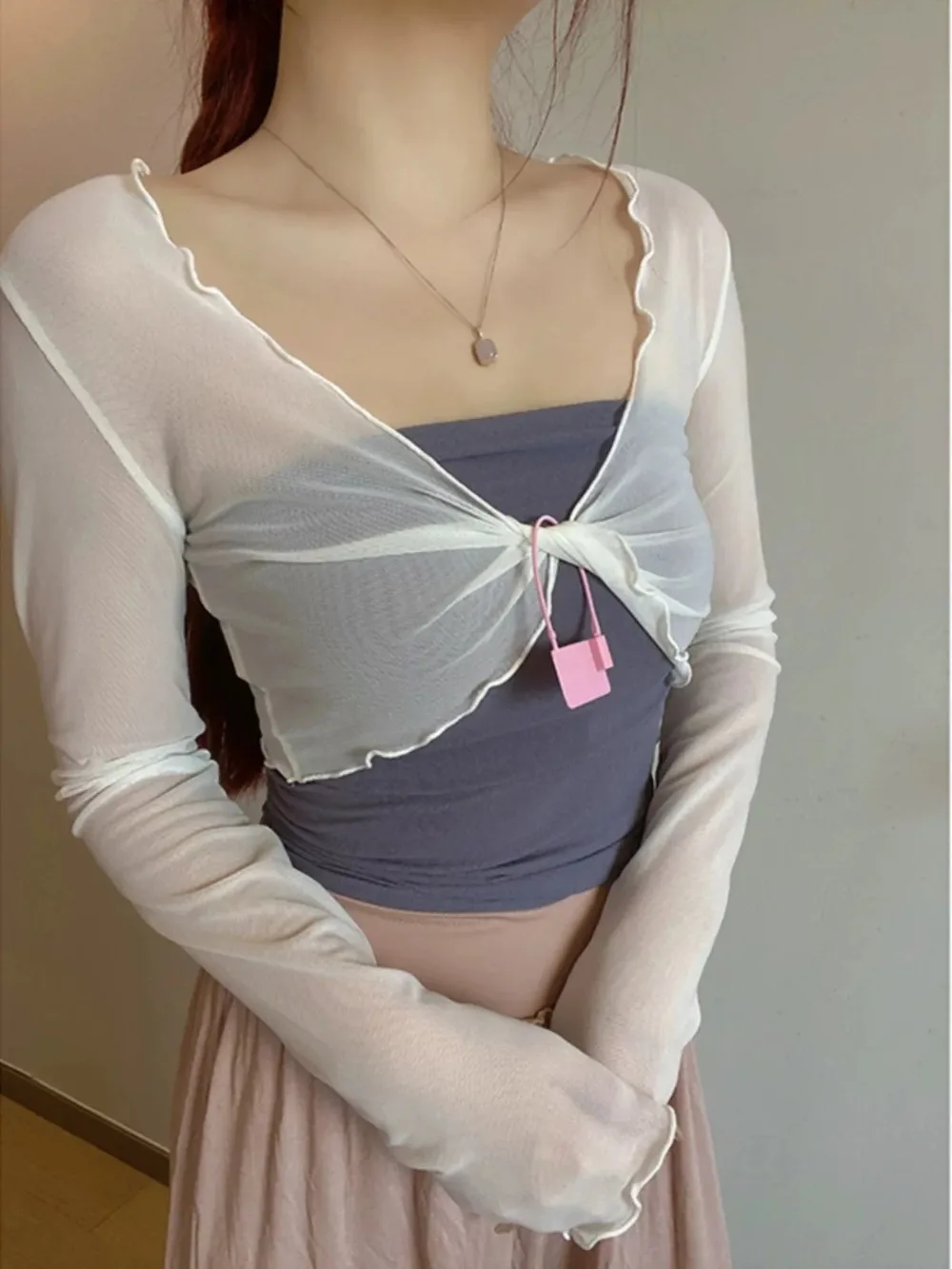 Women Dance Tops Semi See Through Mesh Tops Long Bell Sleeve Tie Hem Party Tops Hrugs For Women Bolero Shrug Tie Front Cardigan thumbnail 2