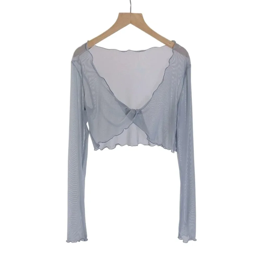 Women Dance Tops Semi See Through Mesh Tops Long Bell Sleeve Tie Hem Party Tops Hrugs For Women Bolero Shrug Tie Front Cardigan thumbnail 6