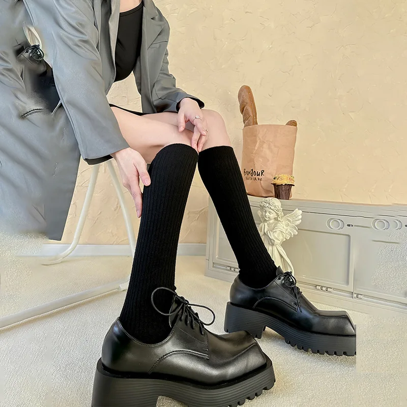 Socks Woman Autumn and Winter Thick Warm Solid Color Knee High Stockings Black White Vertical stripes Thigh High Socks for Women thumbnail 4