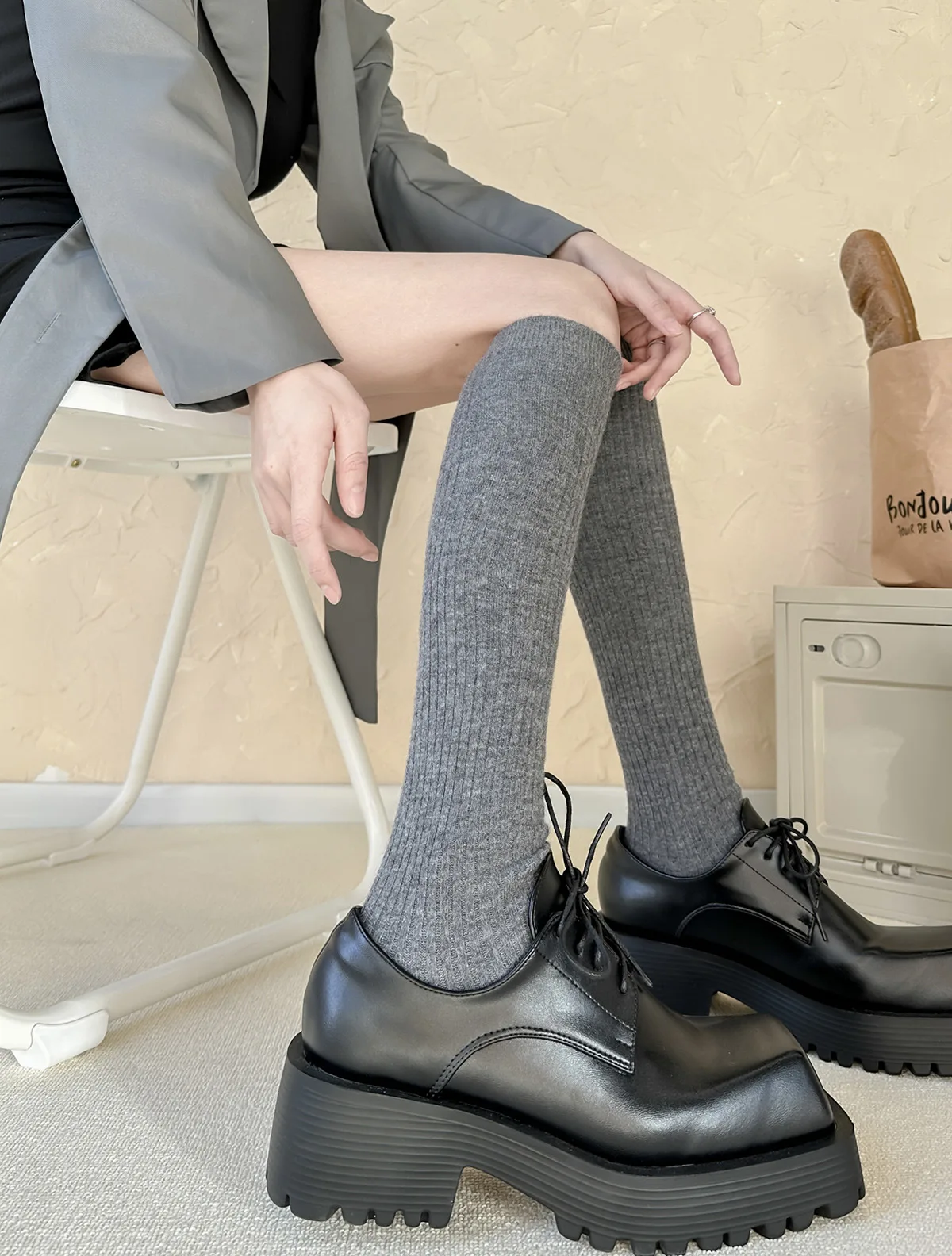 Socks Woman Autumn and Winter Thick Warm Solid Color Knee High Stockings Black White Vertical stripes Thigh High Socks for Women thumbnail 5