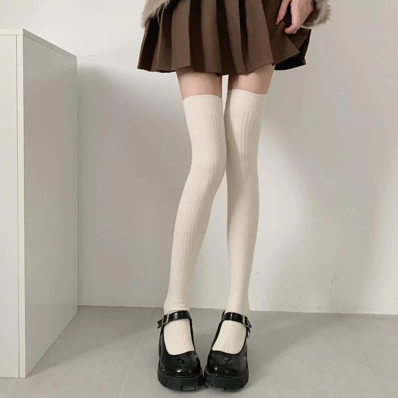 Socks Woman Autumn and Winter Thick Warm Solid Color Knee High Stockings Black White Vertical stripes Thigh High Socks for Women thumbnail 2