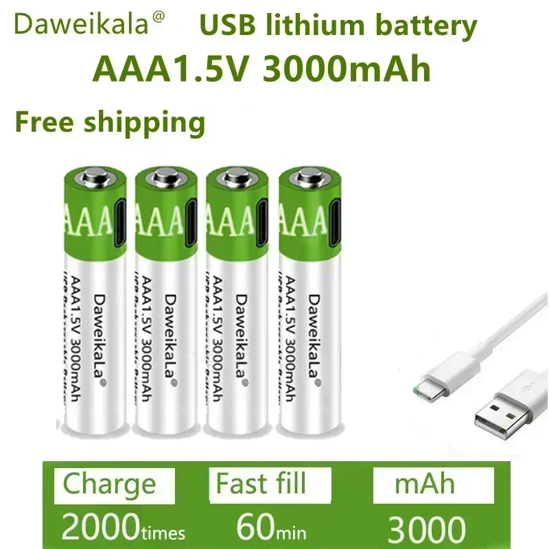 2023New USB AAA Rechargeable Batteries 1.5V 3000 mAh li-ion battery for remote control mouseElectric toy battery + Type-C Cable thumbnail 5