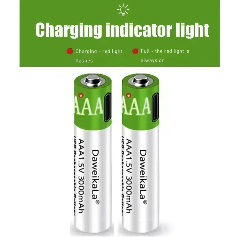 2023New USB AAA Rechargeable Batteries 1.5V 3000 mAh li-ion battery for remote control mouseElectric toy battery + Type-C Cable thumbnail 3