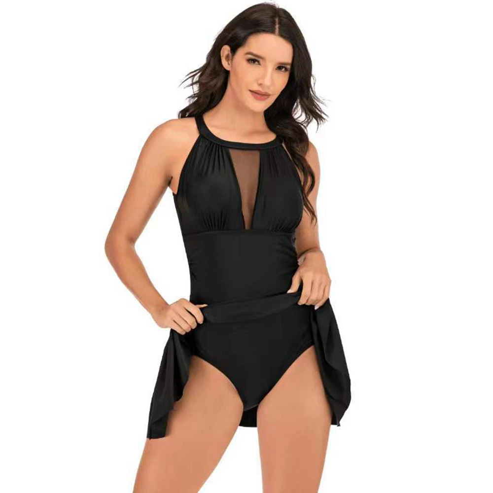 Women Swimdress With Shorts Sexy Hollow Out Mesh Swimwear 1 Piece Slim Black/Red/Dark Blue Solid Swimsuit Light luxury Beachwear thumbnail 5