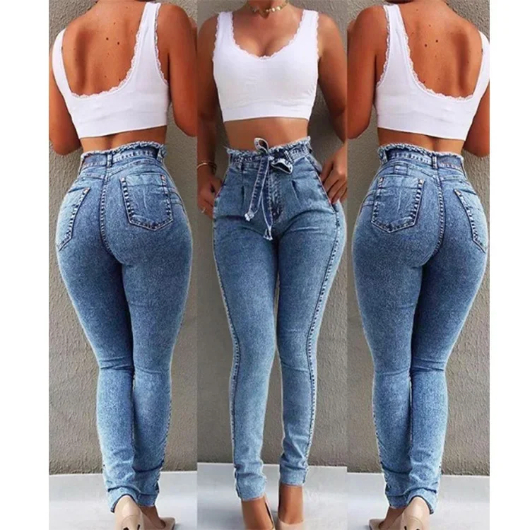 Women's Clothing Jeans Slim Stretch Tassel Belt High Waist Jeans Denim Pants Skinny Ankle Length Bleached thumbnail 4