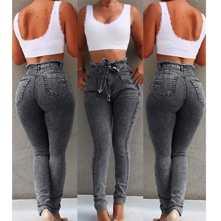 Women's Clothing Jeans Slim Stretch Tassel Belt High Waist Jeans Denim Pants Skinny Ankle Length Bleached thumbnail 2