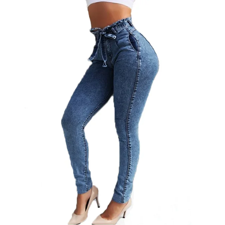 Women's Clothing Jeans Slim Stretch Tassel Belt High Waist Jeans Denim Pants Skinny Ankle Length Bleached thumbnail 5