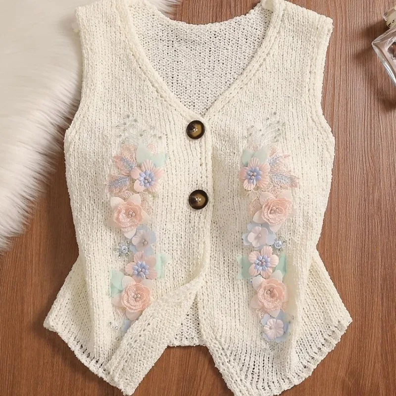 Korean Sweet 3D Flower Cardigan Coat Women Camis Knitted Vest for Women Y2k E-Girl V-neck Sleeveless White Tops Mujer Tanks