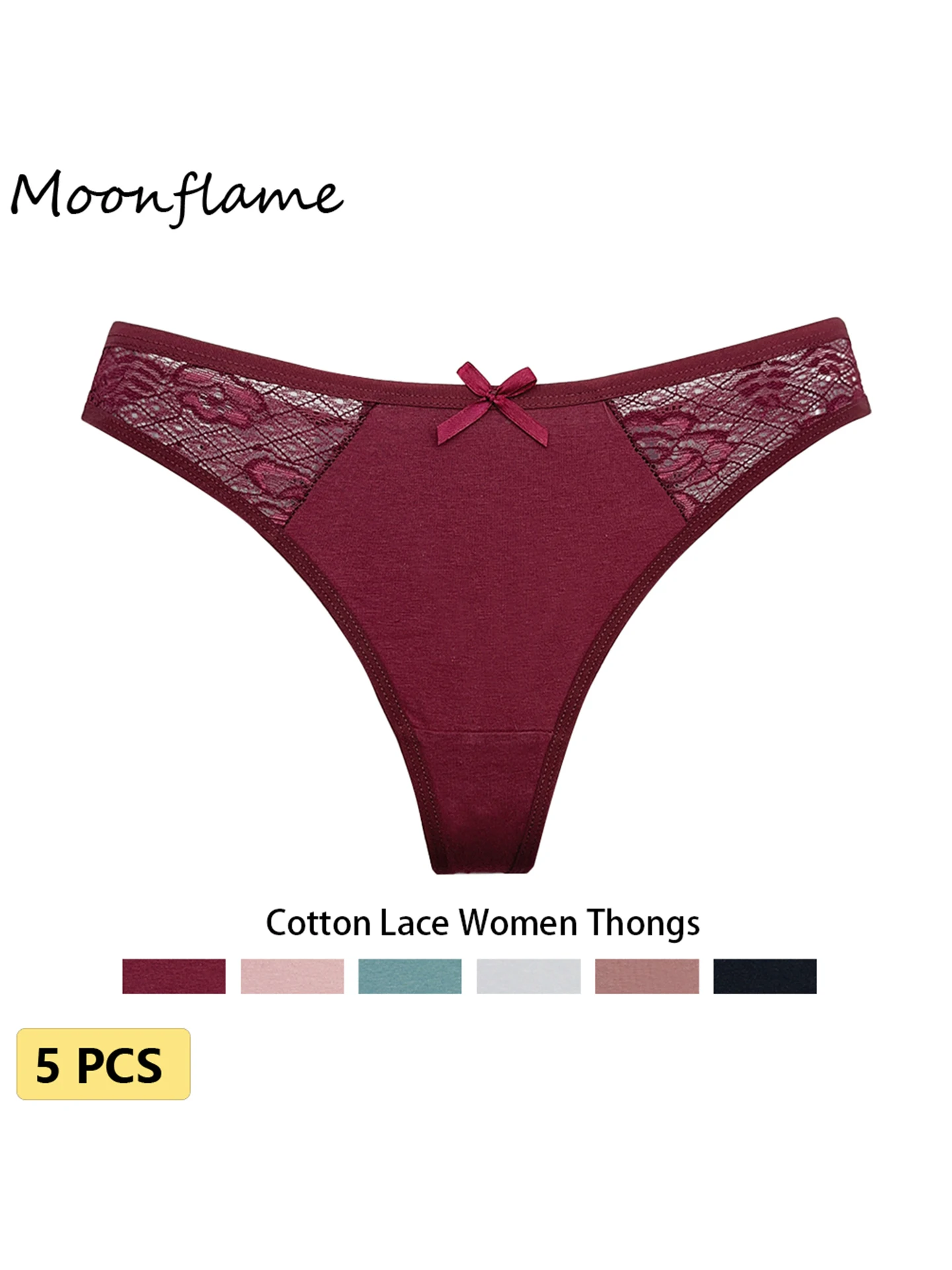 Moonflame 5Pcs Women Cotton Lace Thongs Sexy Low Waist Panties Solid Comfort Underwear Solid Breathable G-String Soft Lingerie thumbnail 6