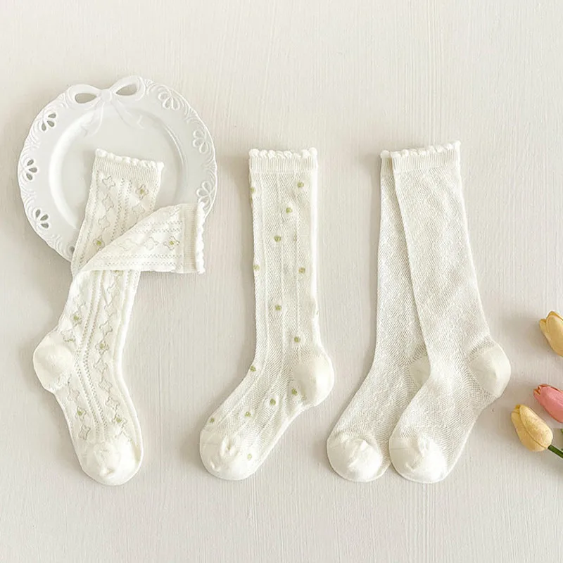 3Pairs/Set White Floral Baby Girls Socks Summer Breathable Mesh Knee High Sock Korean Kids Princess Ruffle Long Socks thumbnail 3