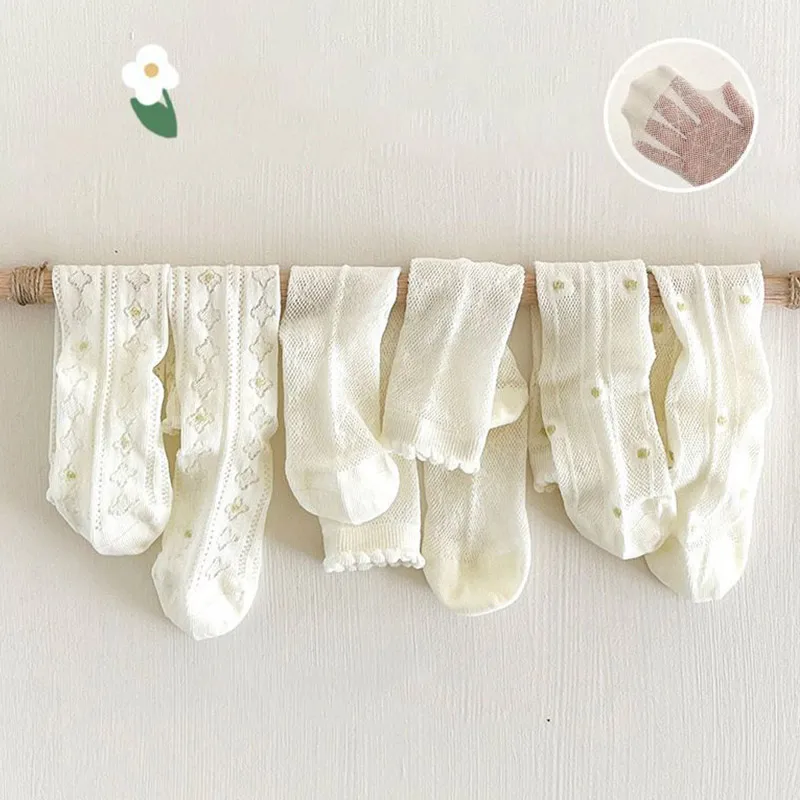 3Pairs/Set White Floral Baby Girls Socks Summer Breathable Mesh Knee High Sock Korean Kids Princess Ruffle Long Socks thumbnail 2