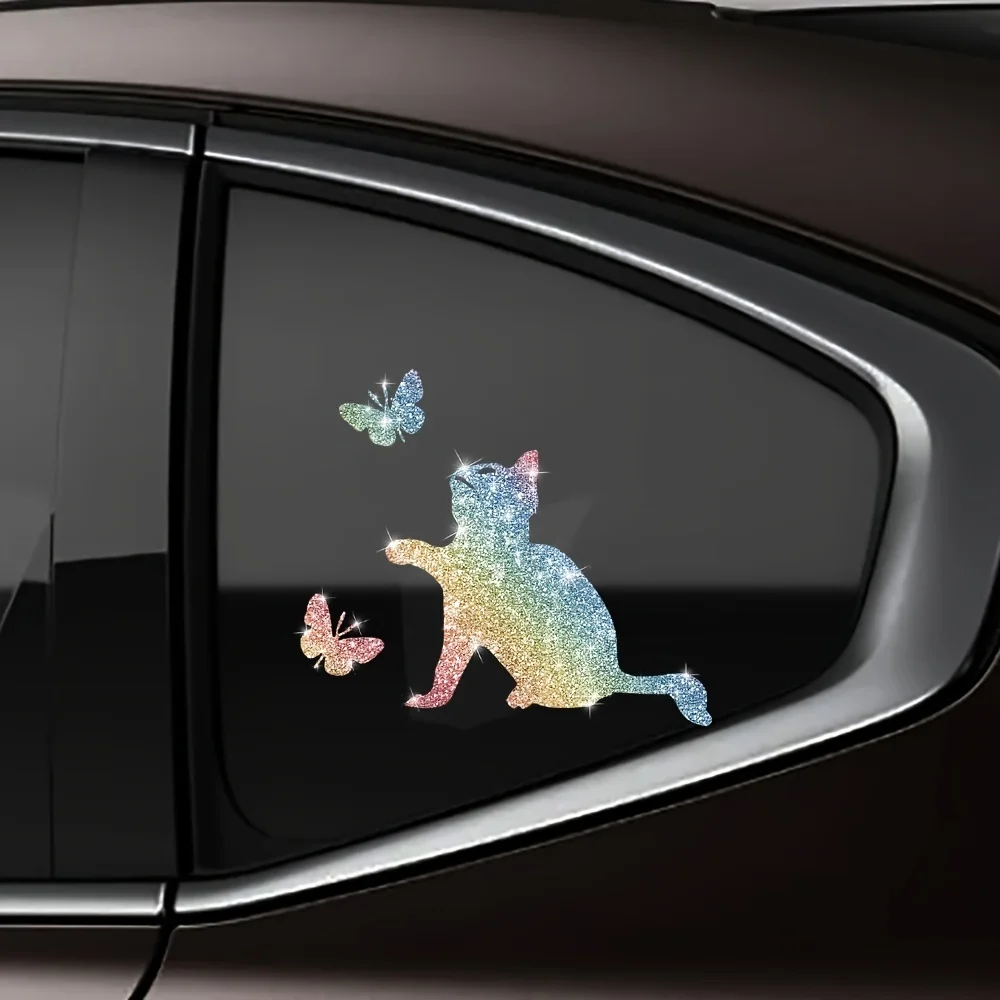1PC Imitation Diamond Glitter Cat and Butterfly Car Stickers Waterproof for DIY Auto Window Rear Windshield Boat Vinyl Decals thumbnail 3