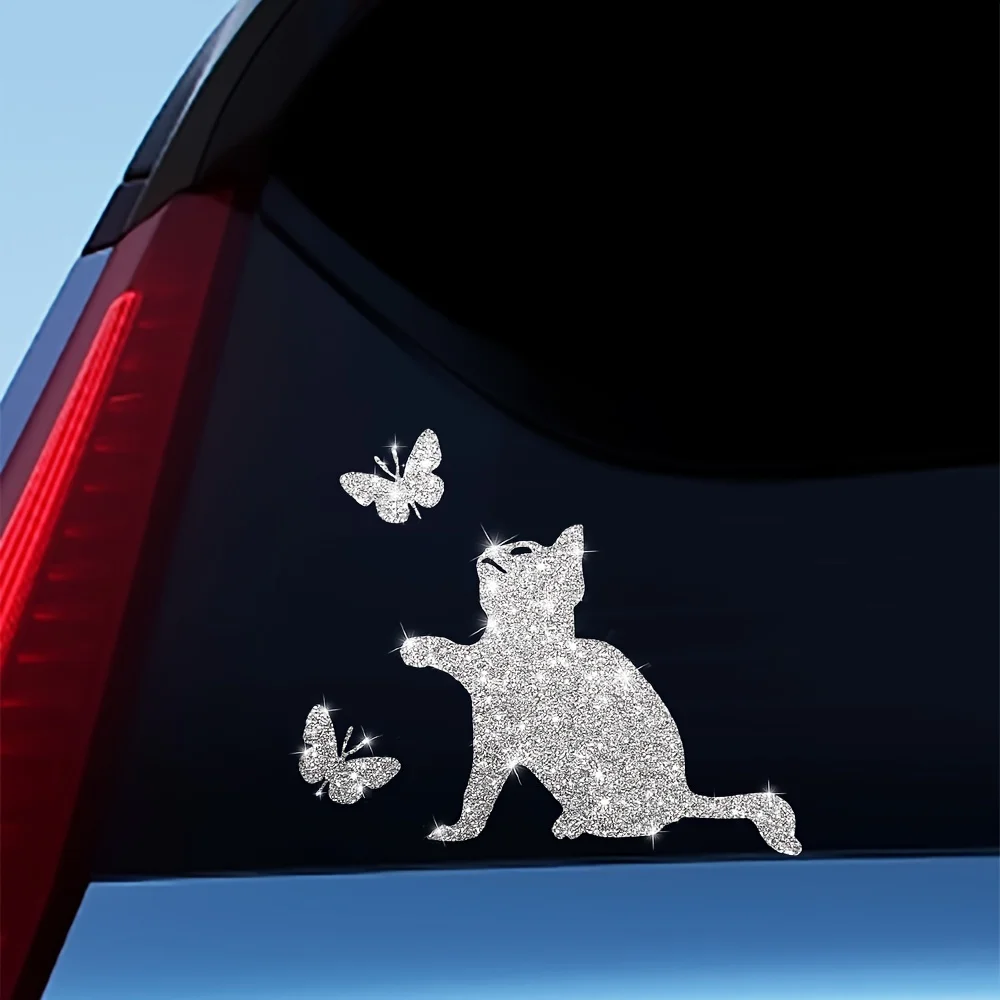 1PC Imitation Diamond Glitter Cat and Butterfly Car Stickers Waterproof for DIY Auto Window Rear Windshield Boat Vinyl Decals thumbnail 4