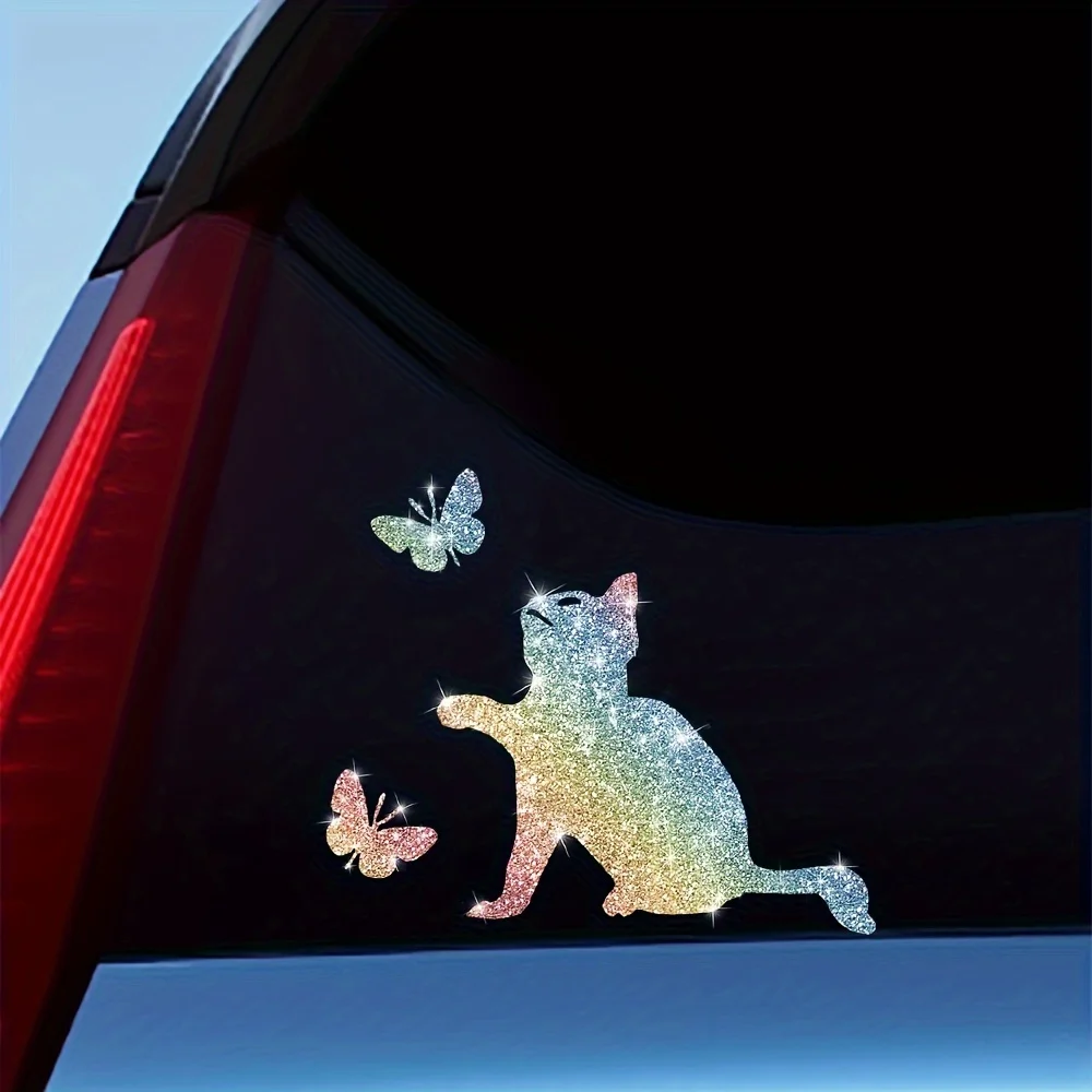1PC Imitation Diamond Glitter Cat and Butterfly Car Stickers Waterproof for DIY Auto Window Rear Windshield Boat Vinyl Decals thumbnail 6