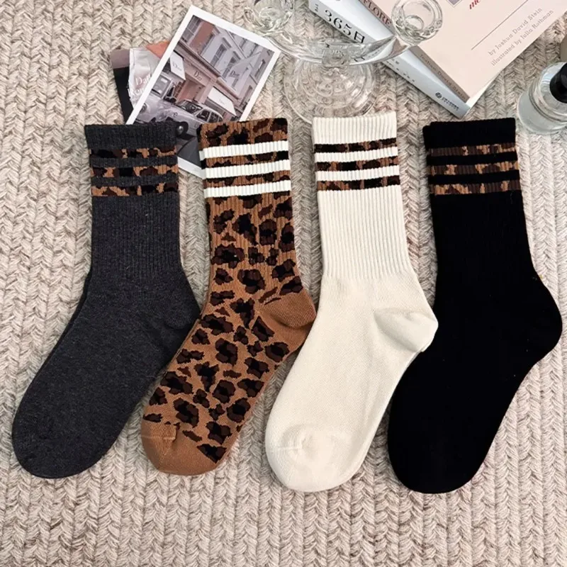 4 Pairs Women Leopard Socks Cotton Sports Y2k Student White Lolita Harajuku Girl Funny Socks thumbnail 4