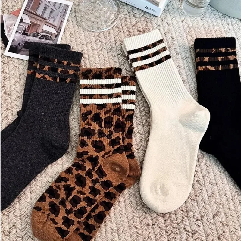 4 Pairs Women Leopard Socks Cotton Sports Y2k Student White Lolita Harajuku Girl Funny Socks thumbnail 6